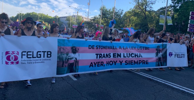 Pancarta de la FELGTB con el lema de 'De Stonewall a la ley LGTBI: Trans en lucha ayer, hoy y siempre'. /ESTEFANÍA ROSELLÓ