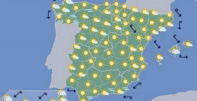 Mapa del tiempo con la previsión meteorológica para este lunes 14 de julio. / AEMET