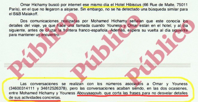 Fragmento del informe reservado del CNI sobre el último viaje de los yihadistas de la célula de Ripoll, en lo que se subraya que Abouyaaqoub 'corta las frases para no desvelar detalles' en sus conversaciones por el móvil.