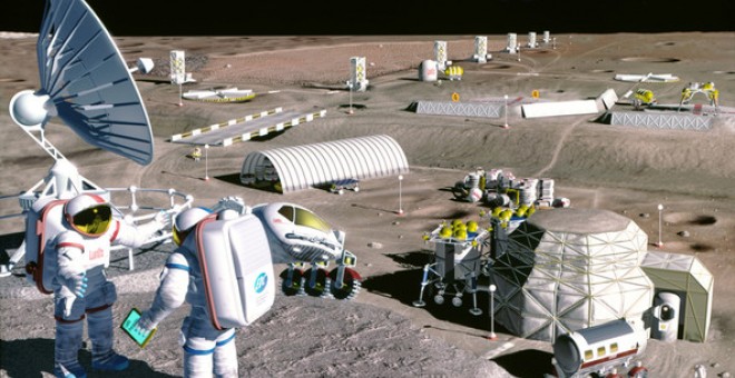 Representación artística de 1995 de una operación lunar de extracción de oxígeno del suelo lunar en Mare Serenatatis, a pocos kilómetros del lugar de aterrizaje del Apolo 17. / SAIC