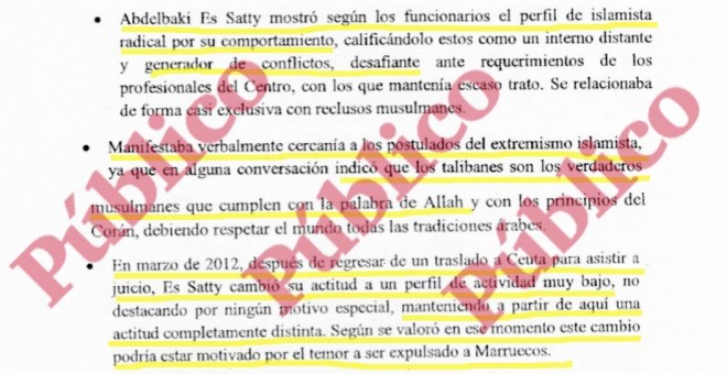 Fragment d'informe del CNI sobre el comportament D'Abdelbaki Es Satty a presó