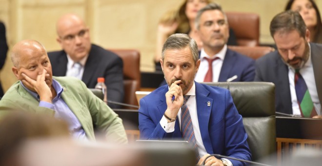 Juan Bravo, consejero de Hacienda, este miércoles en el Parlamento de Andalucía.