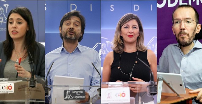 Irene Montero, Rafael Mayoral, Yolanda Díaz y Pablo Echenique, cuatro de los nueve nombres que han sonado como ministrables de Podemos. PÚBLICO