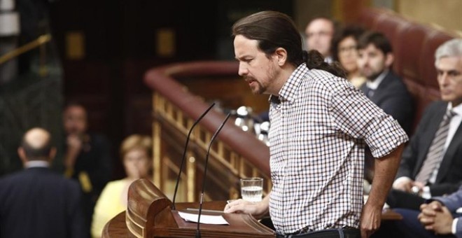 El secretario general de Podemos, Pablo Iglesias, durante su intervención en el Congreso de los Diputados. Europa Press