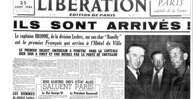 Portada del diario francés 'Liberation' del día después de la Liberación de París con Amado Granell en la imagen