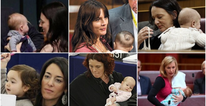 Collage de imágenes de la diputadas y senadoras con sus bebés.