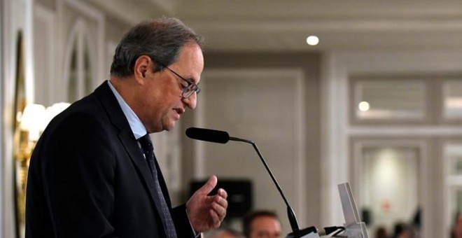 El president de la Generalitat, Quim Torra, duranta la seva conferència a Madrid. EFE / Víctor Lerena