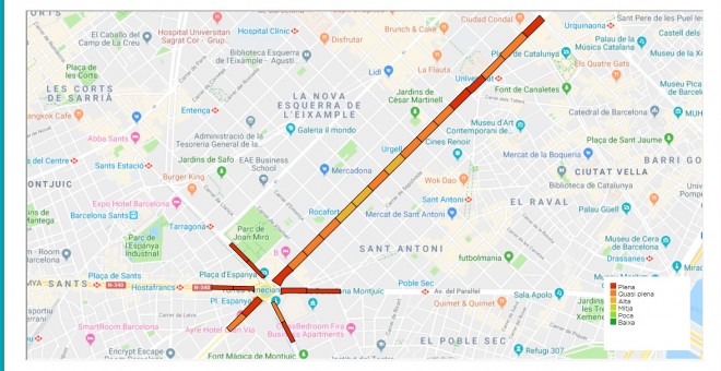 Mapa de l'ocupació dels trams de la Diada de l'11-S del 2019.