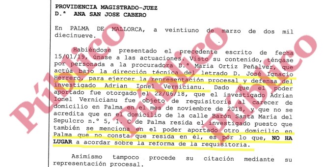 Providencia judicial poniendo fin a las maniobras dilatorias del abogado Herrero para proteger al sicario mafioso Vernicianu, huido de la Justicia.