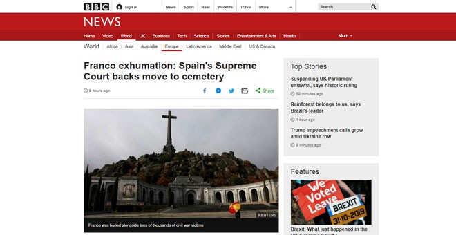 24-09-2019.- BBC: 'Exhumación de Franco: la Corte Suprema de España avala su traslado a un cementerio'