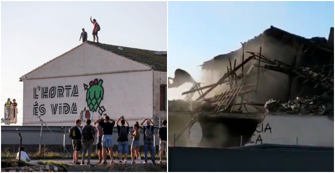 27/09/2019 - La alquería antes y después de su demolición / EFE(/Manuel Bruque) y @@EntreBarris