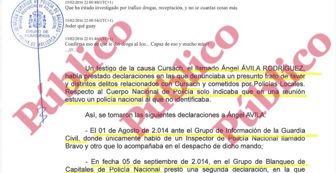 Fragmento del segundo atestado de 'los Juanes' donde se explican las primeras declaraciones de Ángel Ávila denunciando la complicidad policial con la mafia de Cursach.
