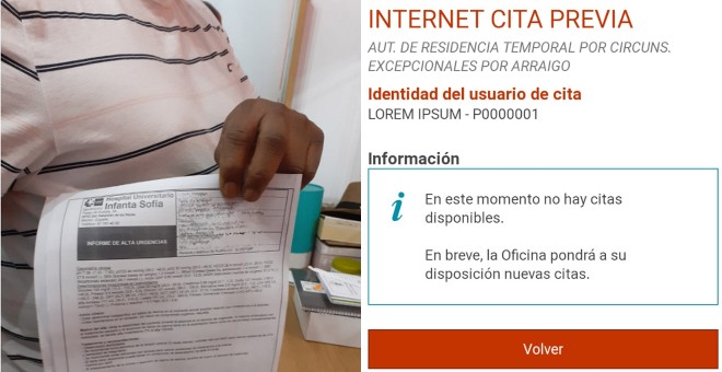 Melo, con la factura del hospital por atender a su hijo.  A la derecha, una Oficina de Extranjería, sin citas disponibles.