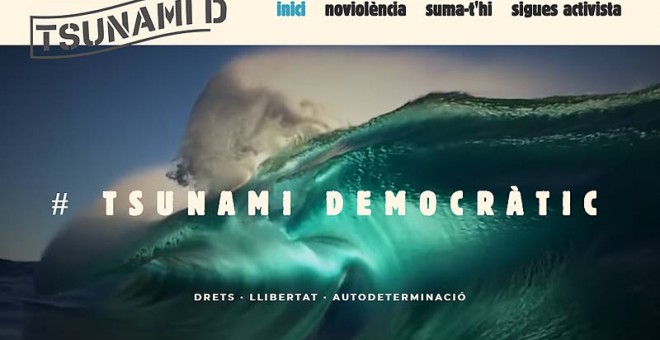 Pantalla de Tsunami Democràtic, en estos momentos bloqueada desde algunos de sus dominios.