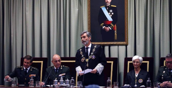 GRAF8546. MADRID, 29/10/2019.- El presidente del Tribunal Supremo y del Consejo General del Poder Judicial, Carlos Lesmes (2d), y la Fiscal general del Estado María José Segarra (d), presiden el acto de apertura del Año Judicial en la jurisdicción militar