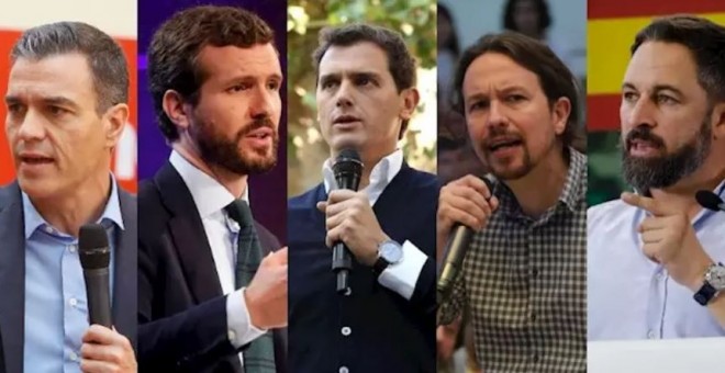 Pedro Sánchez (PSOE), Pablo Casado (PP), Albert Rivera (Cs), Pablo Iglesias (Unidas Podemos) y Santiago Abascal (Vox). / EUROPA PRESS