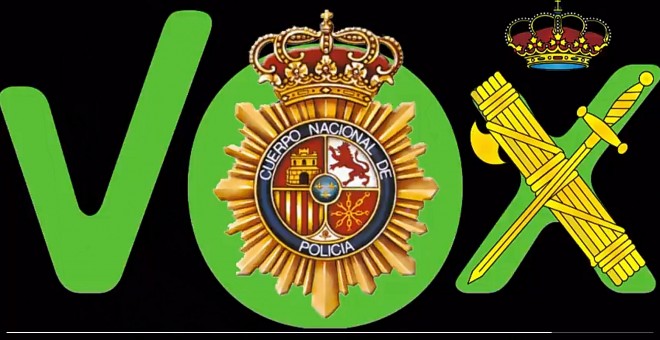 Montaje de los escudos del CNP y la Guardia Civil sobre el logotipo de VOX, fabricado por Jandro Lion para el último vídeo su canal de YouTube.
