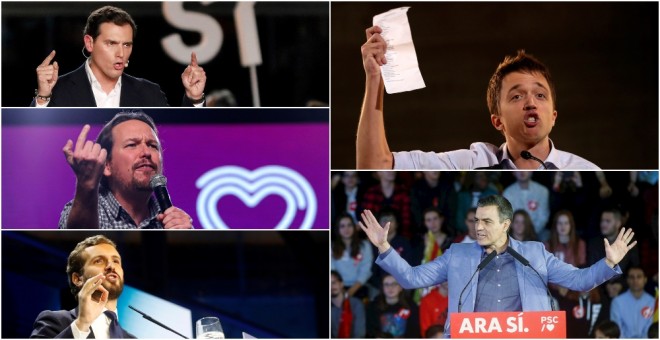 Albert Rivera (Cs), Pablo Iglesias (Unidas Podemos), Pablo Casado (PP), Íñigo Errejón (Más País) y Pedro Sánchez (PSOE). / EFE