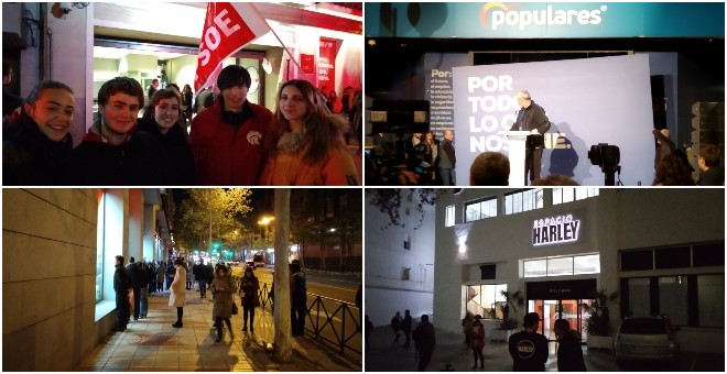 Sedes del PSOE, Partido Popular, Ciudadanos y Podemos tras conocerse los resultados electorales del 10-N. / HENRIQUE MARIÑO