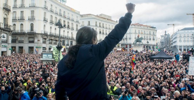 Pablo Iglesias en un mitin de Podemos en la Puerta del Sol, lugar donde se originó el 15-M.