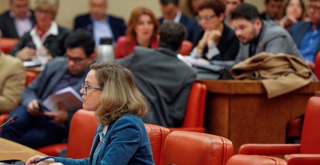 La ministra de Economía en funciones, Nadia Calviño, durante la reunión de la Diputación Permanente