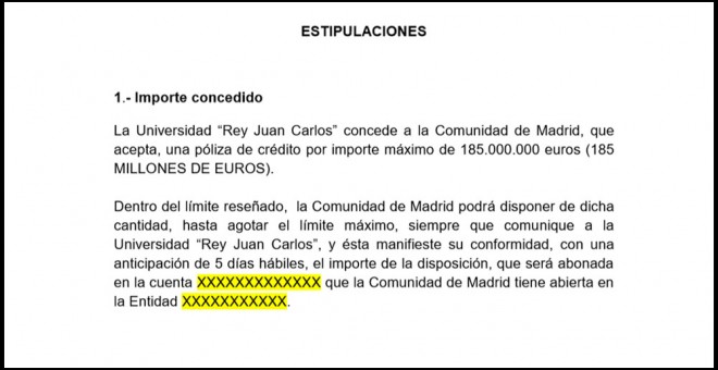 Captura de pantalla del 'contrato de póliza a corto plazo' entre la Consejería de Hacienda y Función Pública de la Comunidad de Madrid y la Rey Juan Carlos. El contrato completo al final del artículo. / PÚBLICO