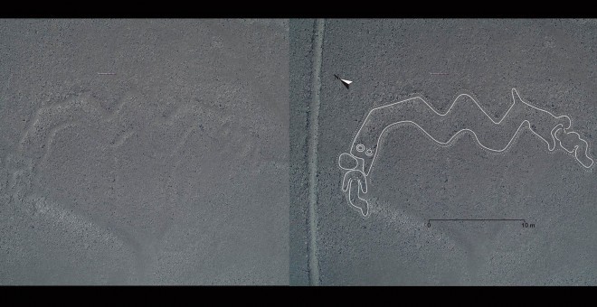 Geoglifo en forma de serpiente que se come una persona en Nazca./YAMAGATA UNIVERSITY
