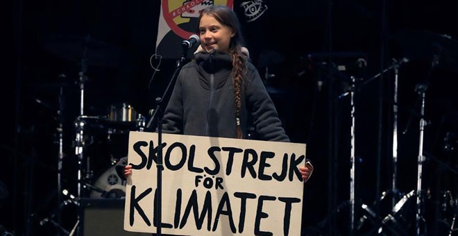 Greta Thunberg, durante su intervención en el cierre de la Marcha por el Clima de Madrid. / EFE