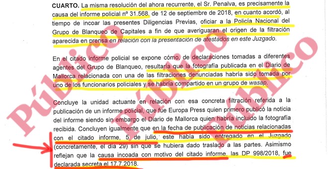 Fragmento del informe de la Fiscalía Anticorrupción que reconoce que la filtración del informe que es causa de las imputaciones se produjo 12 días antes de que fuera declarado secreto.