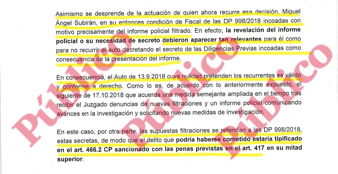 Fragmento del informe de Anticorrupción recriminando al fiscal Subirán que no hubiera recurrido las diligencias sobre la filtración, cuando no tuvo conocimiento de ellas porque fueron incoadas en secreto por el juez Florit,