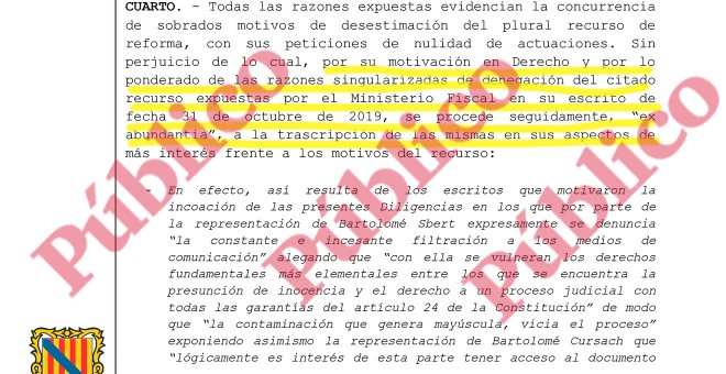 Fragmento del auto de la jueza del Instrucción 12 de Palma elogiando las 'razones' expuestas por la Fiscalía en su escrito plagado de errores.