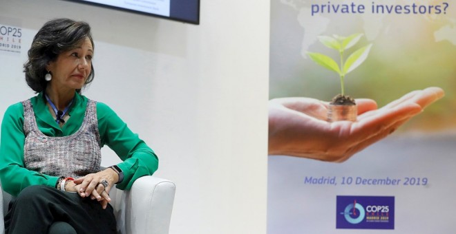 La presidenta del Banco Santander, Ana Patricia Botín, durante el panel 'Finanzas sostenibles. Financiación del Acuerdo de París' con motivo de la Cumbre del Clima COP25, en Madrid. EFE/Juan Carlos Hidalgo