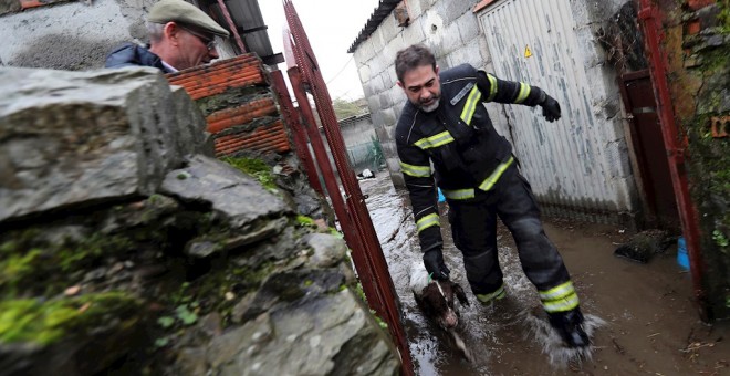19/12/2019.- Un bombero ayuda a un perro en las calles inundadas de Ponferrada. / EFE - ANA F. BARREDO