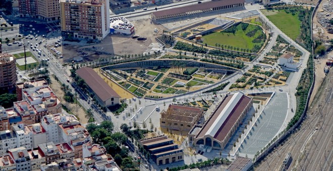 Fotografia a vista d'ocell de la primera fase del parc. Parc Central