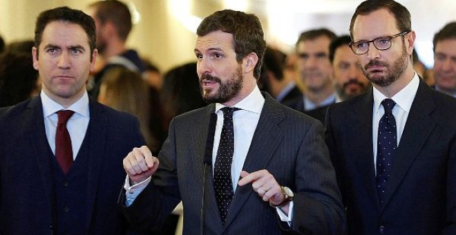 Teodoro García Egea, Pablo Casado y Javier Maroto durante el acto por el aniversario de la Constitución. EFE