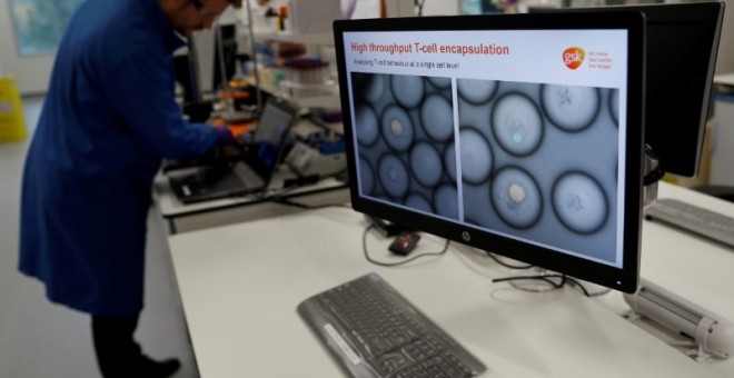 Un científico estudia las células cancerígenas dentro de los glóbulos blancos a través de un microscopio en el centro de investigación de GlaxoSmithKline (GSK) en Stevenage, Reino Unido, el 26 de noviembre de 2019. REUTERS/Peter Nicholls