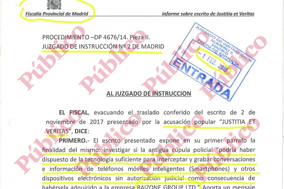 Encabezamiento del informe del fiscal Alfonso San Román oponiéndose a investigar la compra ilegal del sistema israelí de interceptación de smartphones que se usó para espiar a políticos catalanes.