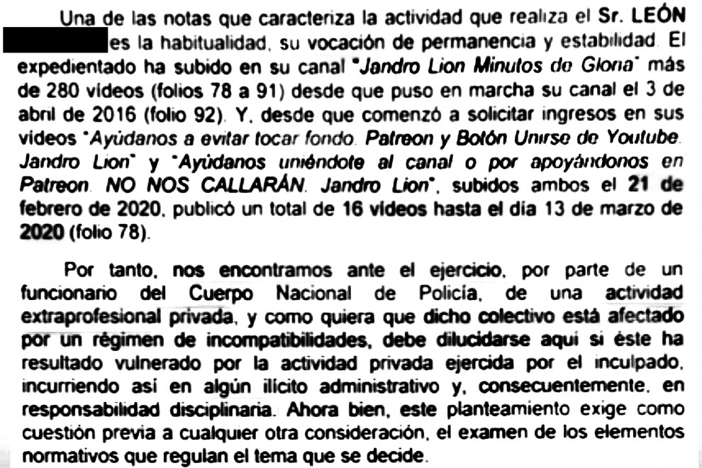 Extracto del expediente disciplinario contra el policía y youtuber Jandro Lion.