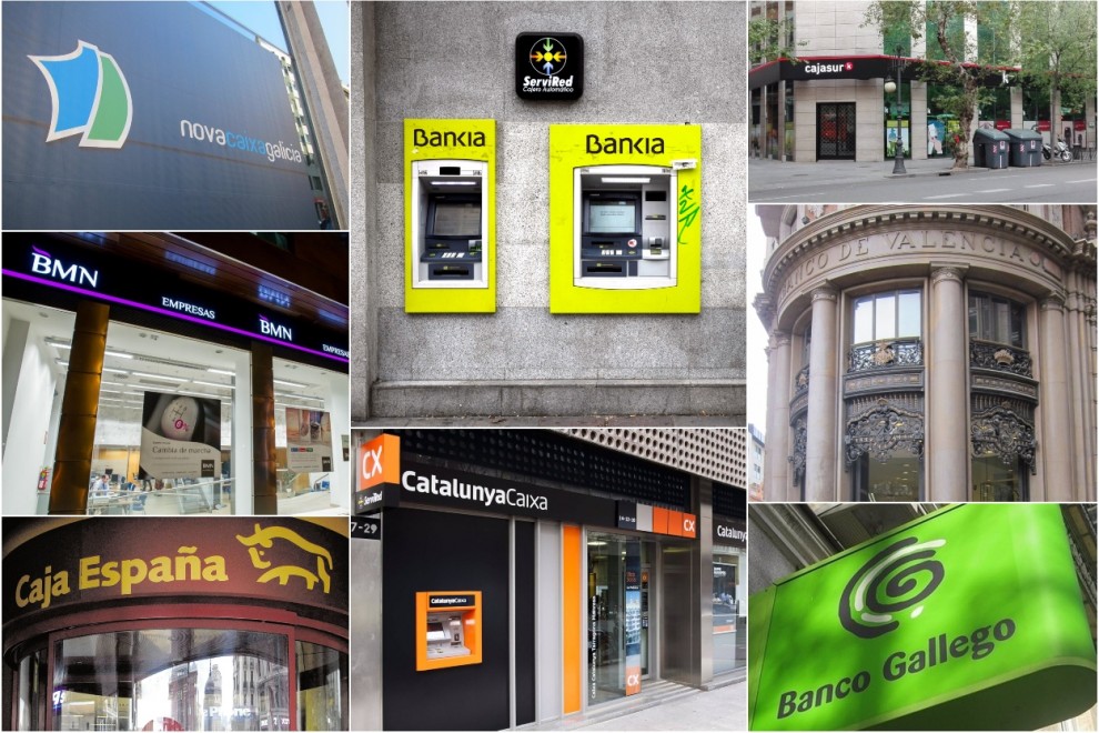 Imagen de las entidades absorbidas, o, como Bankia, en proceso de fusión, en la reestructuración y concentración del sistema financiero español. E.P./EFE/REUTERS