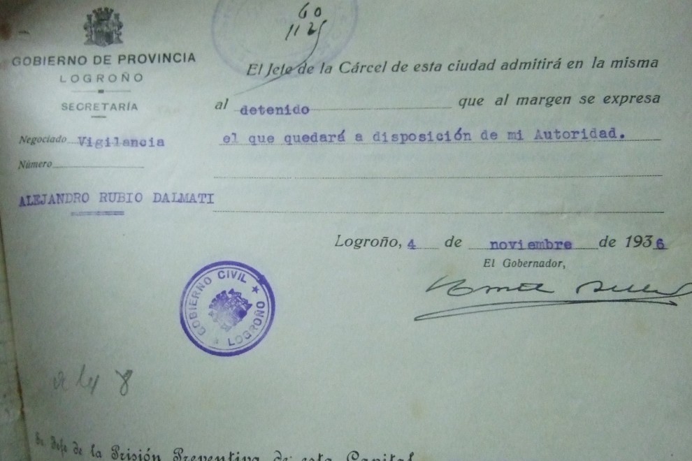 Registro de la entrada a prisión de Rubio Dalmati en noviembre de 1936.- FACILITADO POR JESÚS AGUIRRE