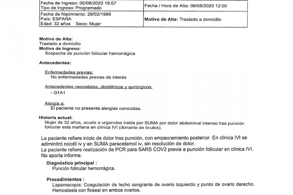 Informe del Hospital La Paz de Madrid. - Cedida