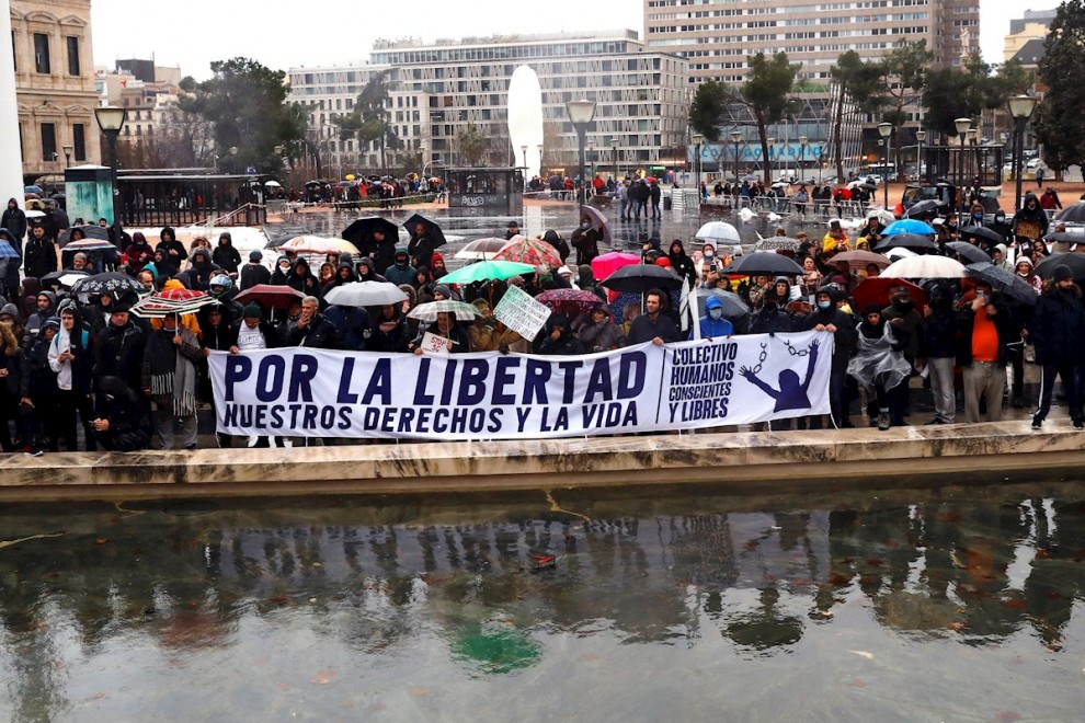 Varios participantes de la manifestación negacionista celebrada en Madrid.