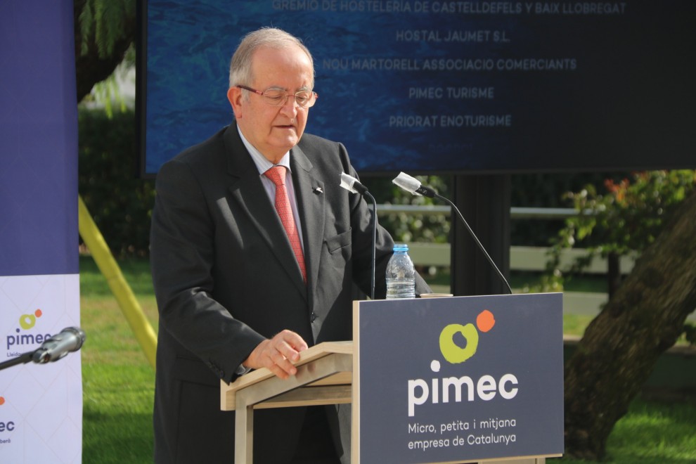 El president de Pimec, Josep González, durant l'acte celebrat aquest divendres a Barcelona.