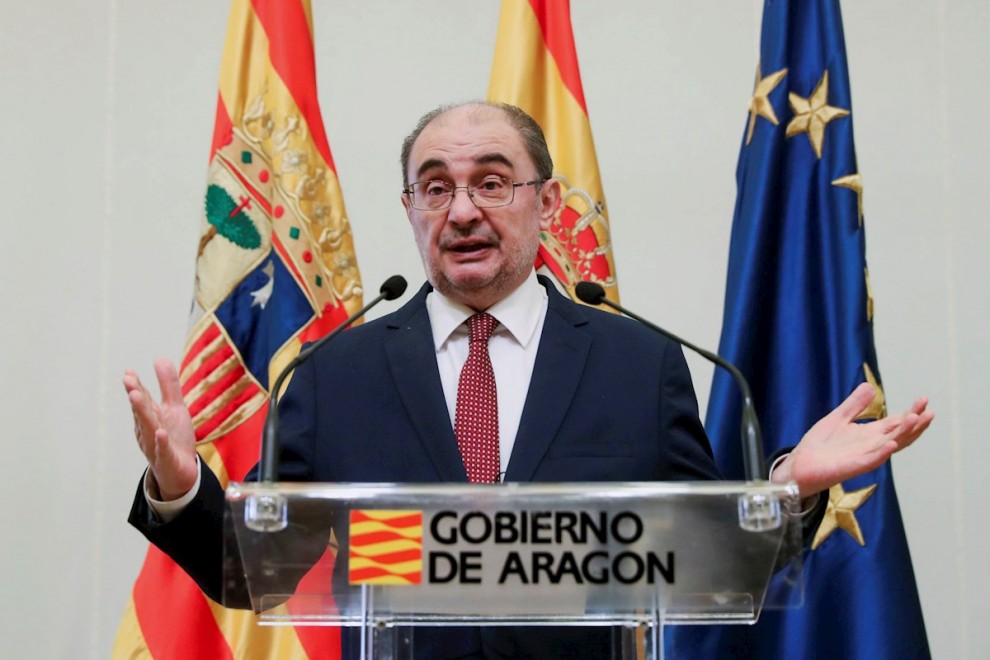 El presidente de Aragón, el socialista Javier Lambán, durante su comparecencia ante la prensa