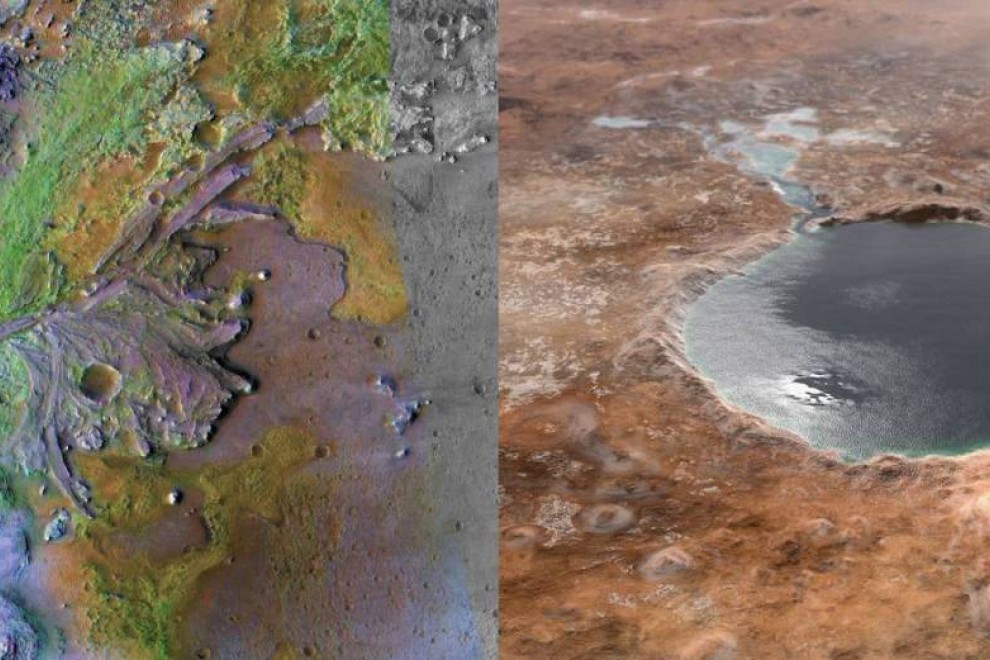 Imagen real de un antiguo delta del cráter Jezero captado por el Mars Reconnaissance Orbiter de la NASA y recreación del lago que pudo cubrir este cráter hace miles de millones de años, con entrada y salida de agua.