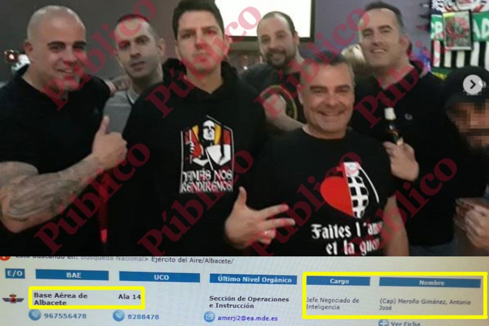 El capitán Meroño (haciendo el saludo de tres dedos de las SS) con miembros del grupo neonazi murciano 'Lo Nuestro': Pedro Santiago Escobar Honrubia, “Meneses Menesito”, “Giorgio Sánchez”, “Toni Cartagena” y “Jorge Poyato”.