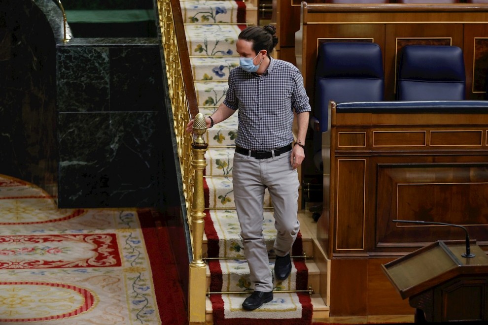 El vicepresidente segundo del Gobierno, Pablo Iglesias tras su intervención en el debate de dos mociones tras la sesión de control al Gobierno este miércoles en el Congreso.