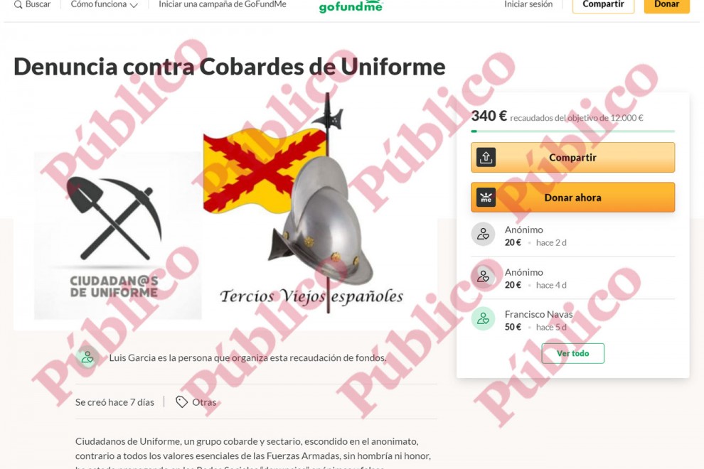 Página de 'gofundme' abierta en nombre de 'Tercios Viejos españoles' por el coronel jefe de Inteligencia del Mando Operativo de Defensa, Luis García-Mauriño, contra el grupo de alertadores Ciudadanos de Uniforme.
