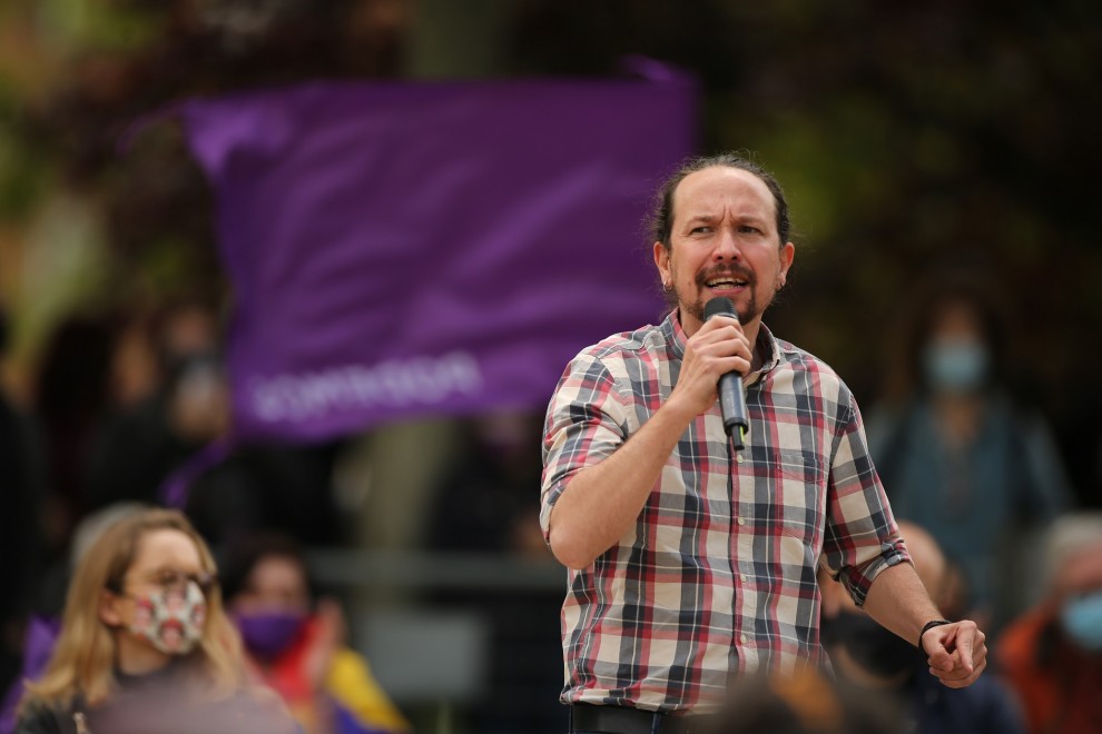 El candidato de Unidas Podemos a la presidencia de la Comunidad de Madrid y secretario general de Podemos, Pablo Iglesias, durante un acto del partido a 30 de abril de 2021, en el Parque Olof Palme de Usera, Madrid.