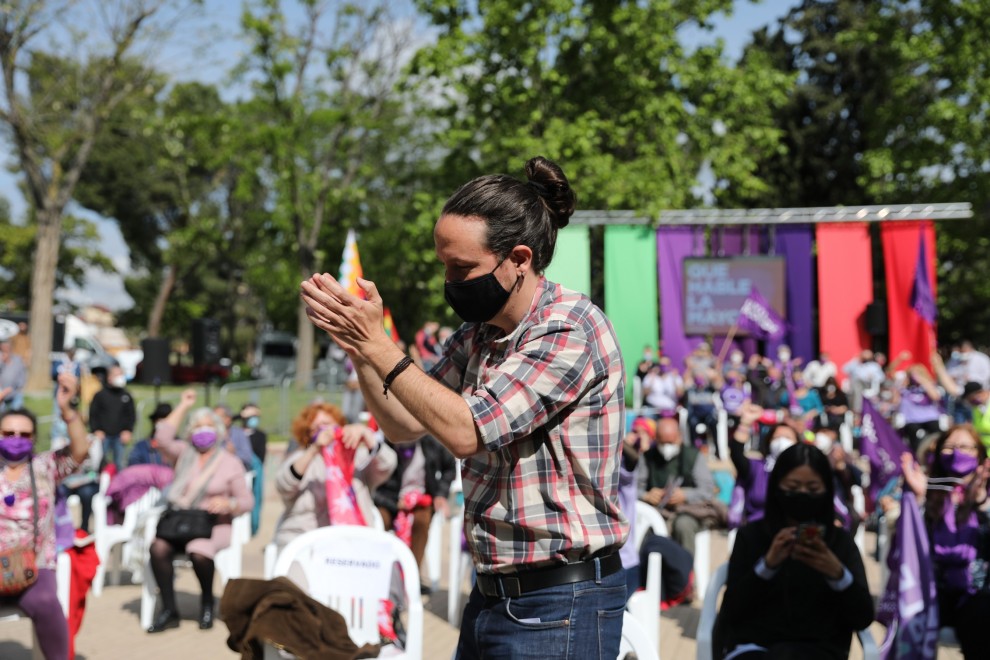 El candidato de Unidas Podemos a la presidencia de la Comunidad de Madrid y secretario general de Podemos, Pablo Iglesias, a 30 de abril de 2021, en el Parque Olof Palme de Usera, Madrid, (España).